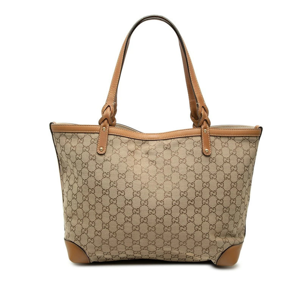Gucci GG Canvas Tote Bag Shoulder Beige Cream Brown Leather
